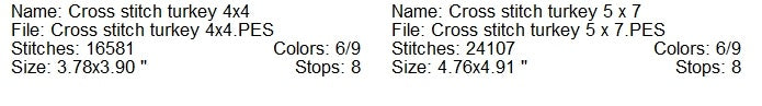 Cross stitch turkey machine embroidery design 2 sizes