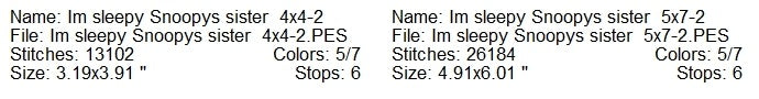 I'm sleepy Snoopys sister machine embroidery design 2 sizes
