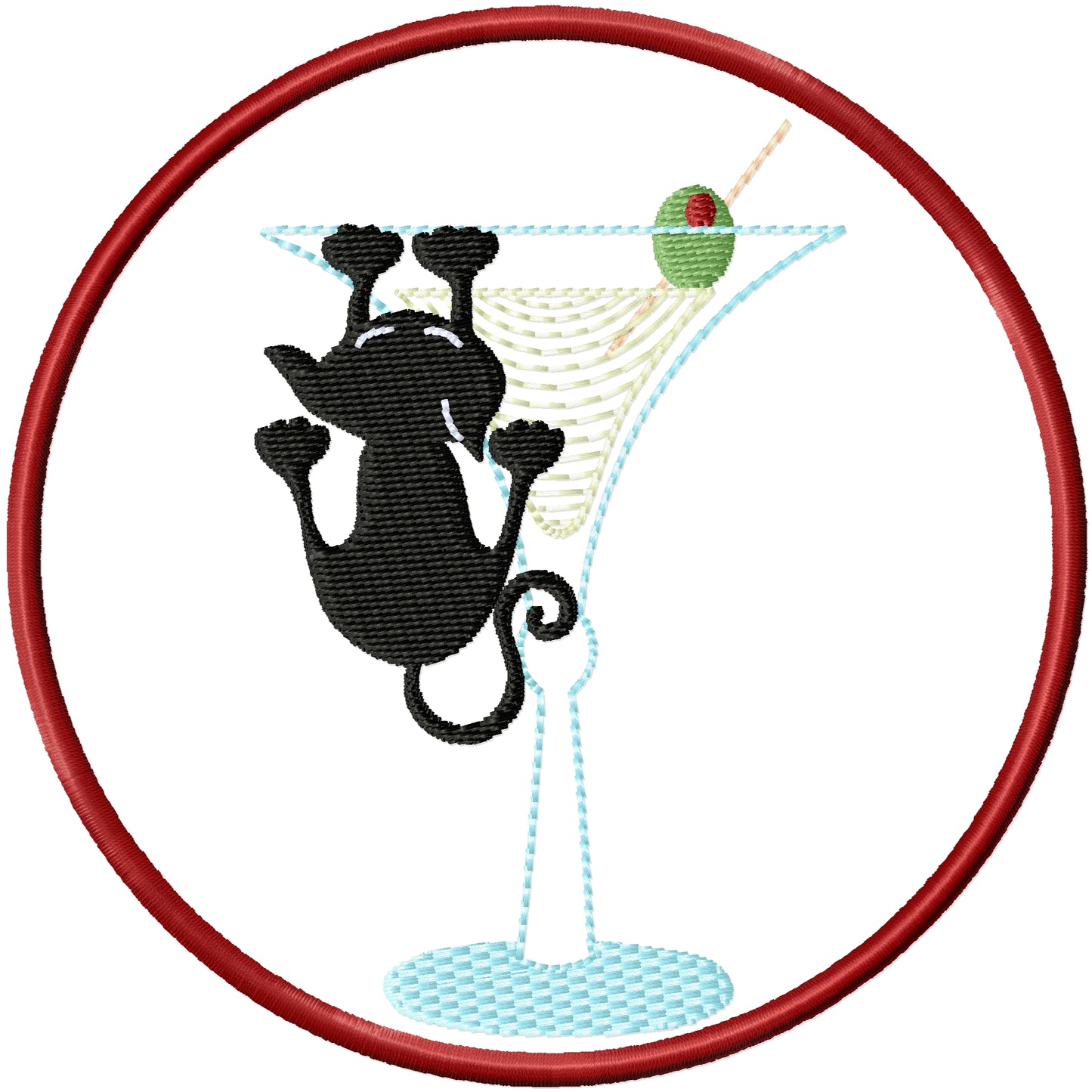 ITH Retro cat climbing up martini glass coaster machine embroidery design