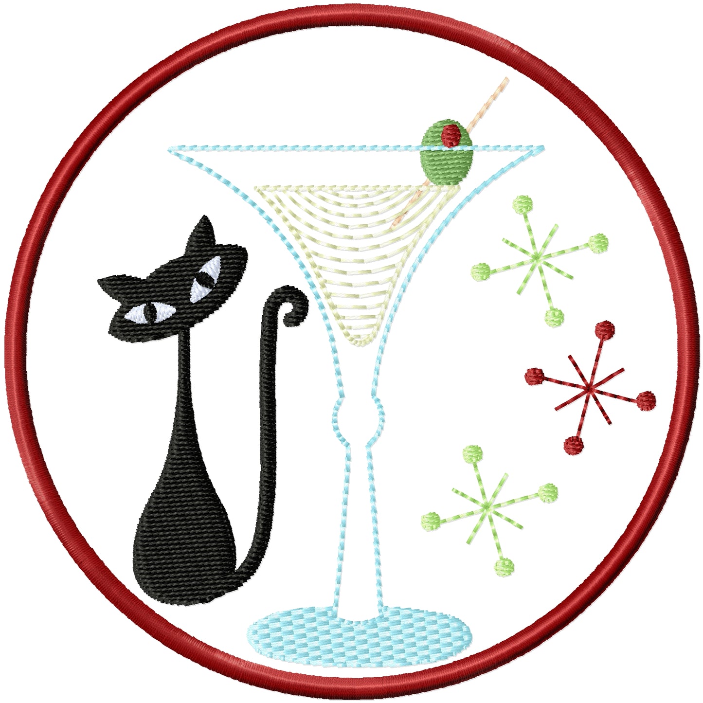ITH MCM Retro cat with stars and martini coaster machine embroidery design