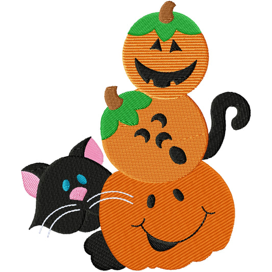 Black cat with 3 pumpkins machine embroidery design 3 sizes