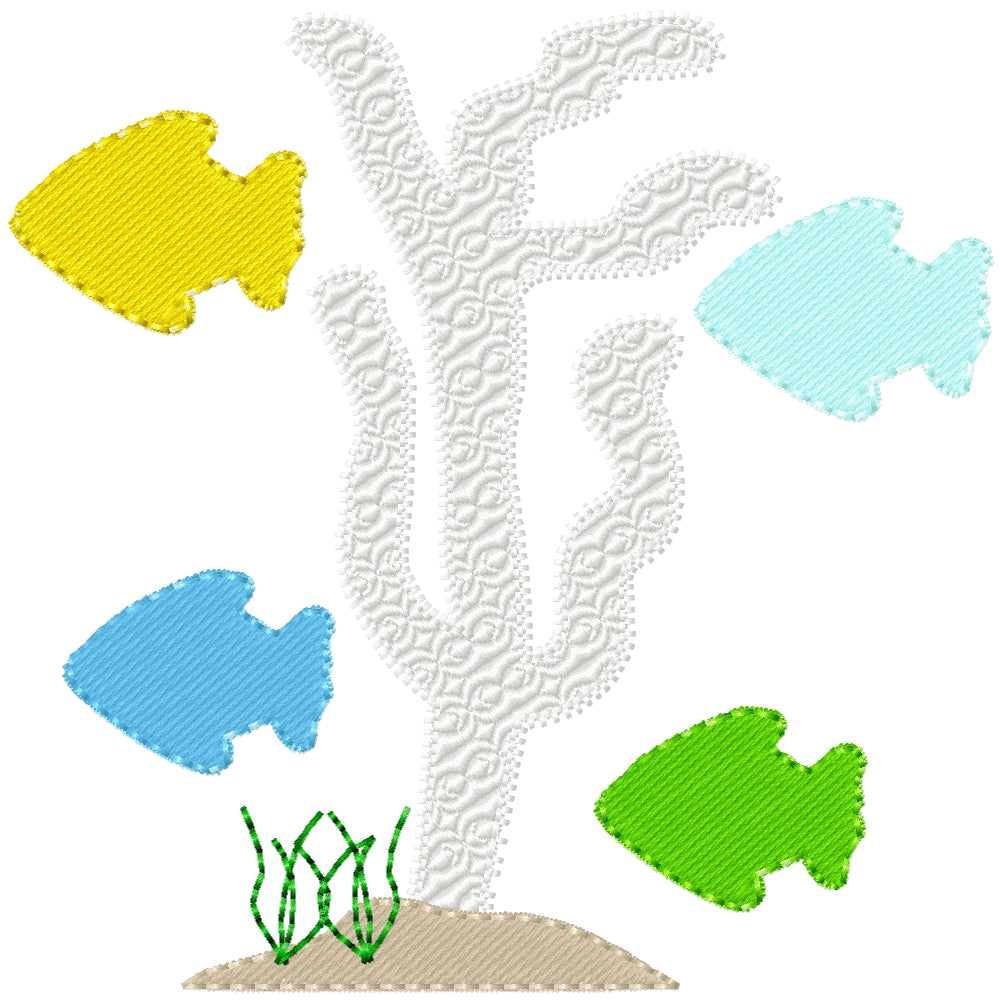 Coral reef with fish machine embroidery design