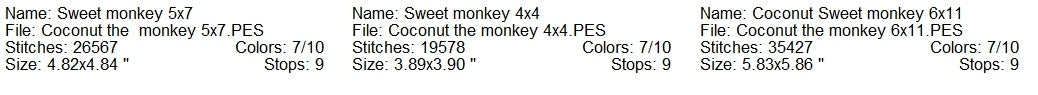 Coconut the monkey machine embroidery design 3 sizes