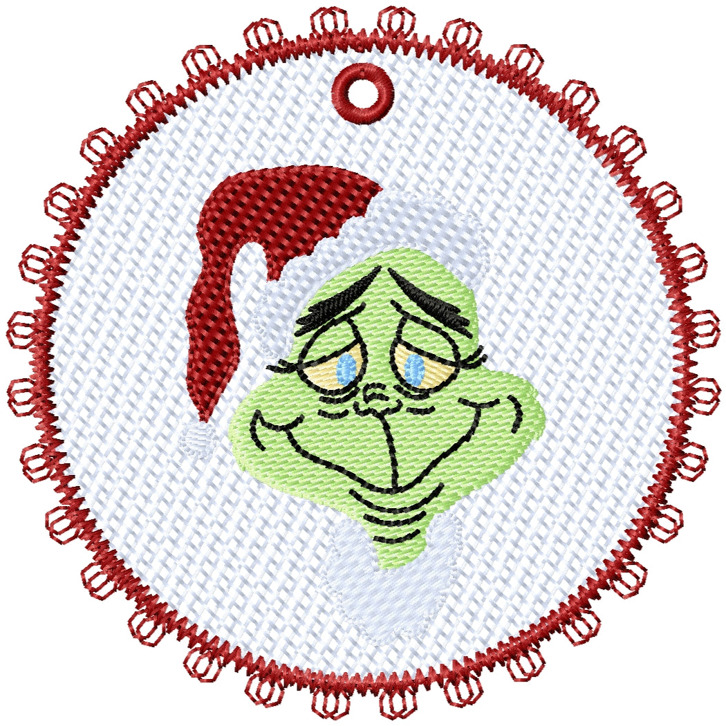 ITH Free standing lace Grinch ornament machine embroidery design