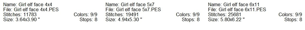Girl Elf face machine embroidery design 3 sizes
