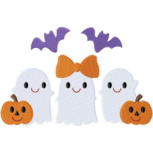 3 Ghosts and 2 pumpkins Halloween machine embroidery design 2 sizes
