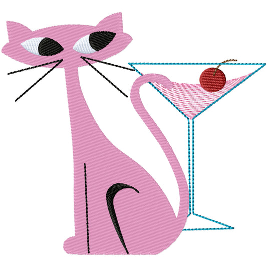 Pink Kitty with cocktail machine embroidery design
