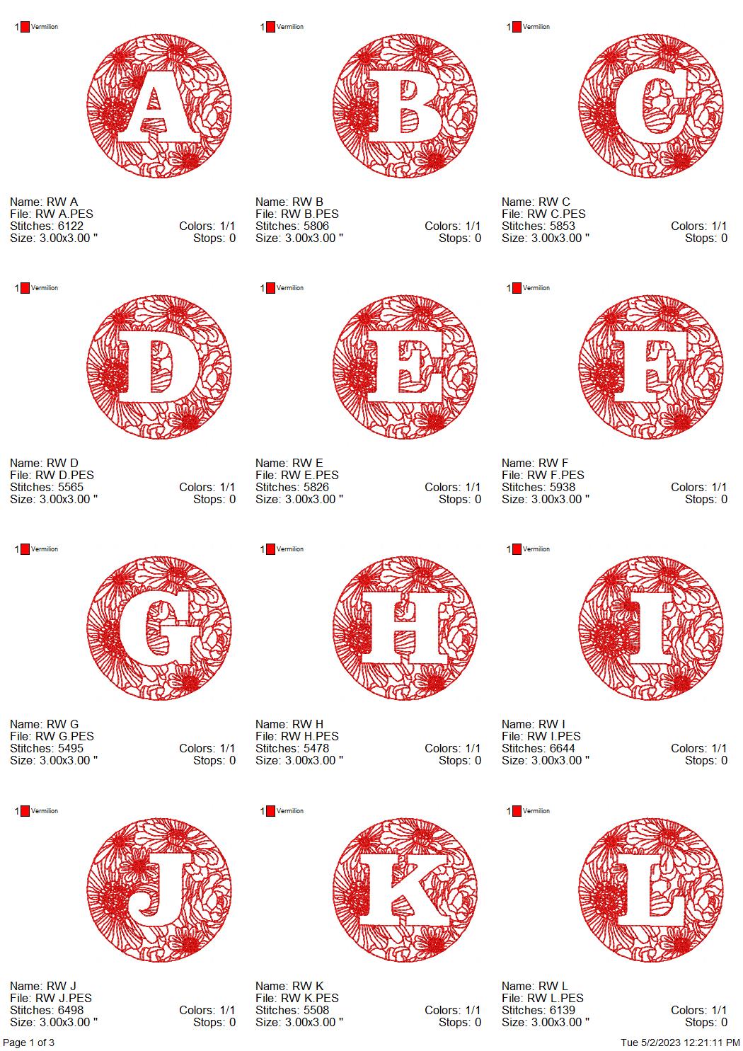 Red work floral monogram machine embroidery design set