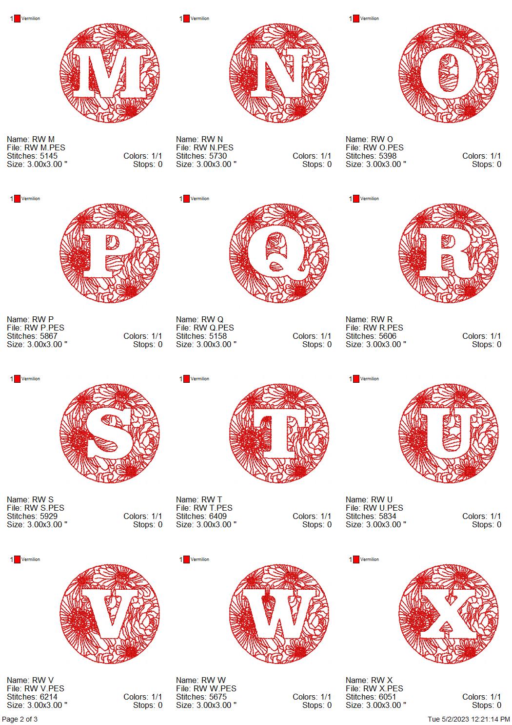 Red work floral monogram machine embroidery design set