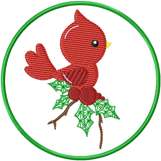ITH Red bird with holly coaster machine embroidery design
