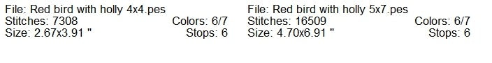 Red bird with holly machine embroidery design 2 sizes