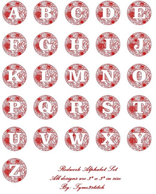 Red work floral monogram machine embroidery design set