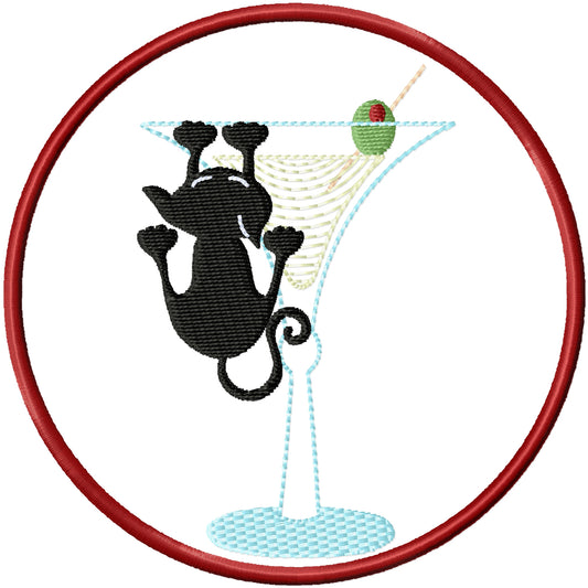 ITH Retro cat climbing up martini glass coaster machine embroidery design