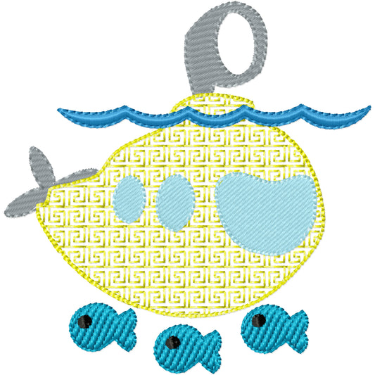 Submarine with fish fancy stitch machine embroidery design