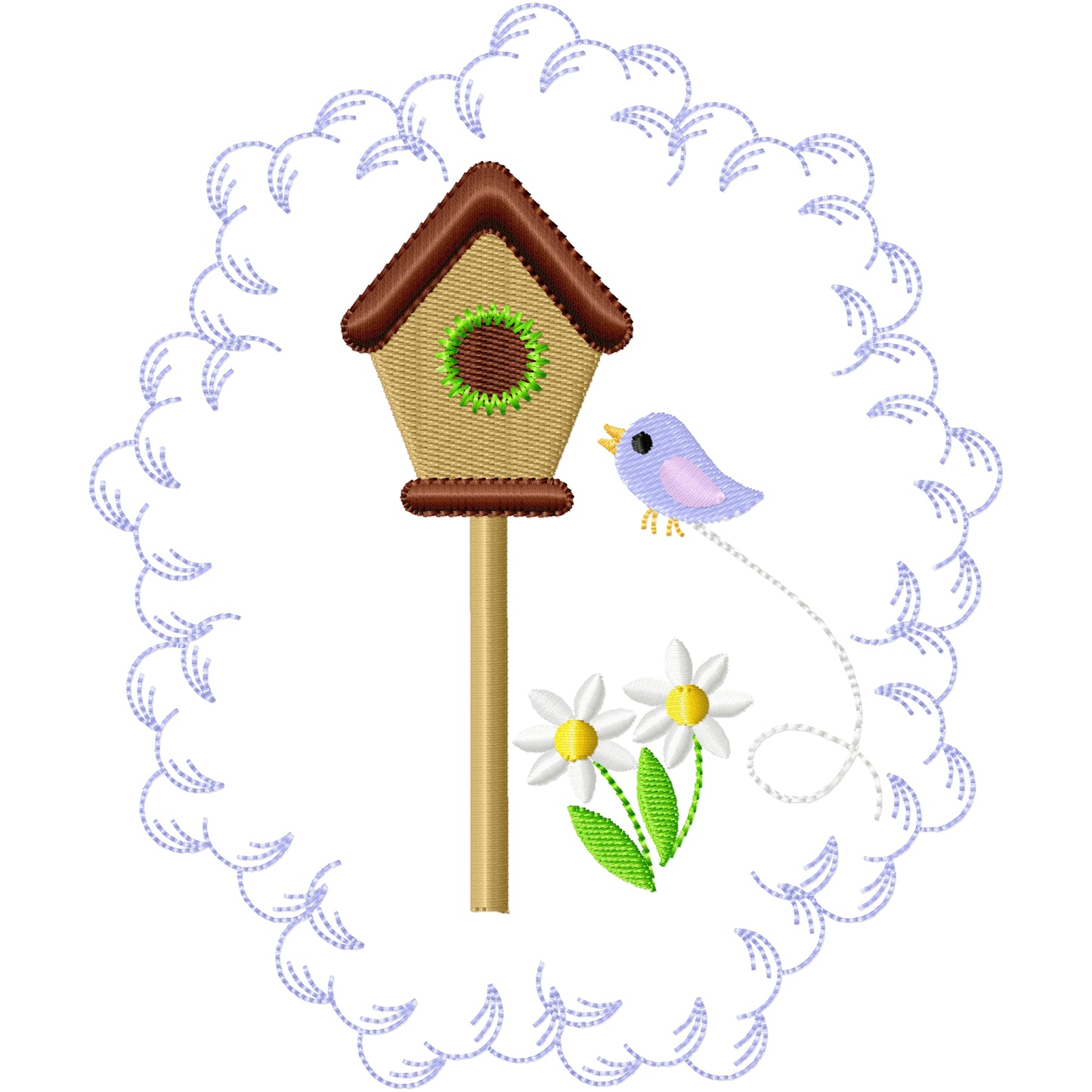 Blue bird with birdhouse machine embroidery design 2 sizes