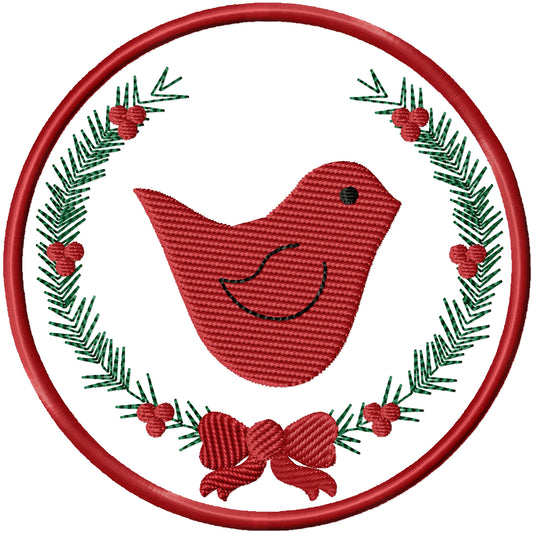 ITH Red bird with border and berries coaster machine embroidery design