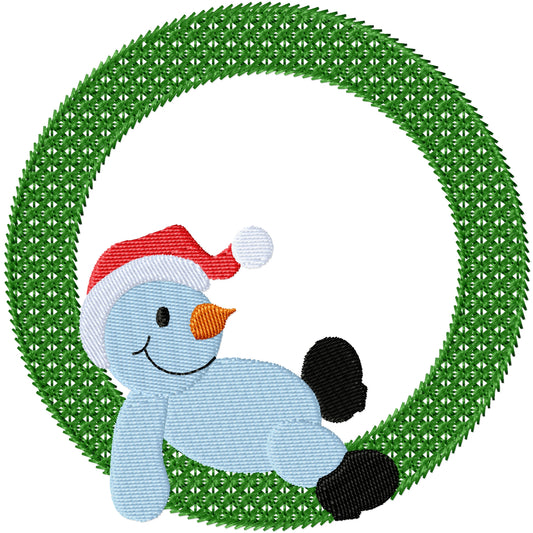 Snowman lying in wreath machine embroidery design 3 sizes