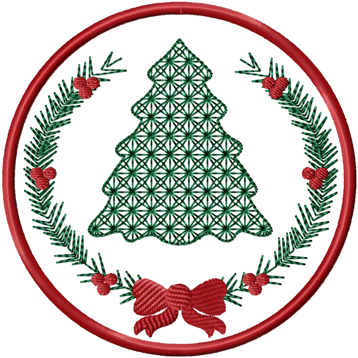 ITH Xmas tree with border and berries coaster machine embroidery design