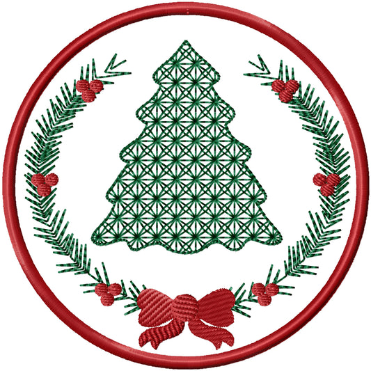 ITH Xmas tree with border and berries coaster machine embroidery design